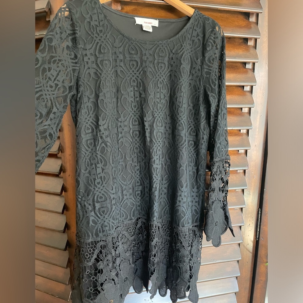 Black Lace Long Sleeve Dress mini dress Large Sans Souci Vacation - Picture 4 of 5